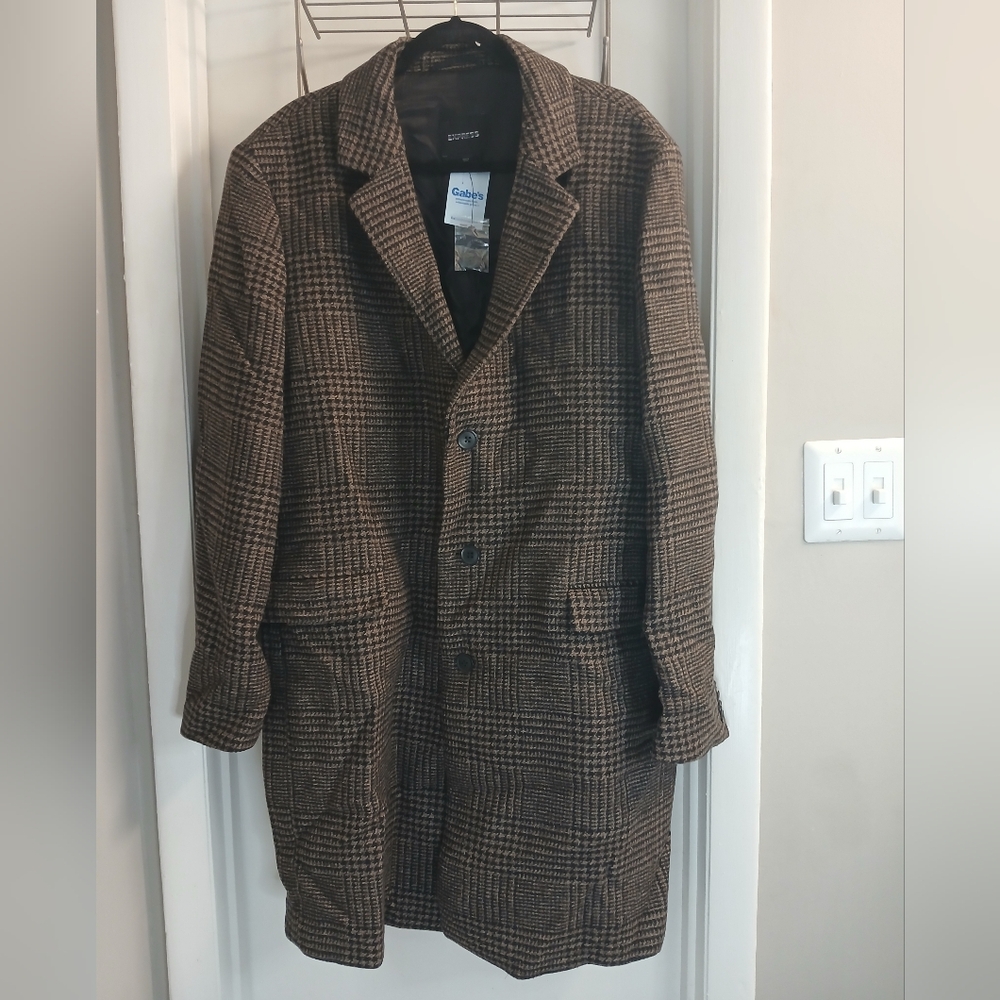 Brown Check Wool Trench Single Breasted Menswear Style Coat XL NWOT